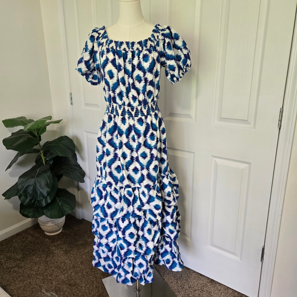 Knox Rose Tiered Ruffle Dress Women Medium Blue White Ikat Smocked Boho Midi